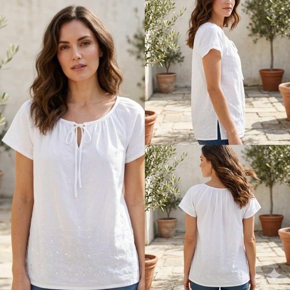 Lane Bryant Blouse Top Womens 18/20 White Cotton Embroidered Sequin Short Sleeve